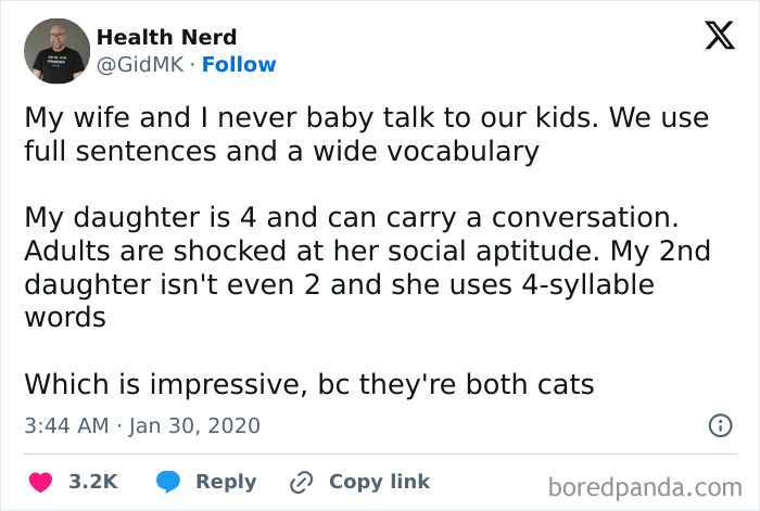 Image of a tweet about using full sentences with pets, humorously revealing the "kids" are actually cats. Science humor meme.