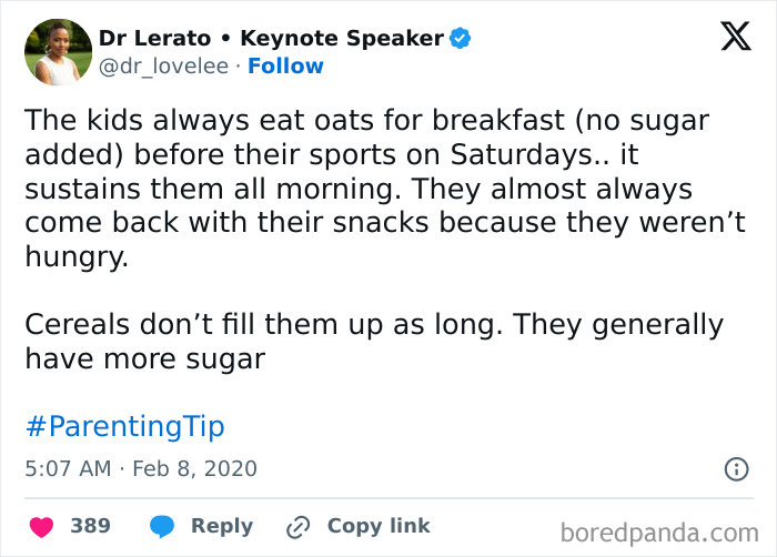 Tweet about kids eating oats for breakfast as Parenting-Genius-Tricks, sustaining energy during Saturday sports activities.