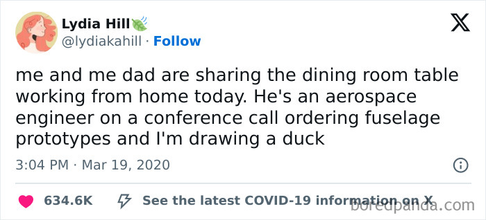 Funny and relatable meme about working from home, featuring a dad on a call and a child drawing a duck.