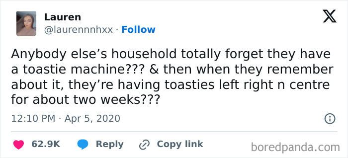 Tweet about forgetting a toastie machine, showcasing British humor.