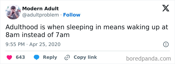 Tweet about being an adult, humorously describing waking up at 8am as sleeping in.