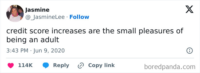 Tweet about credit score increases highlighting small pleasures of adult life.