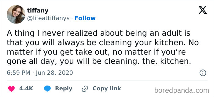 Tweet about being an adult, highlighting constant kitchen cleaning despite daily activities.