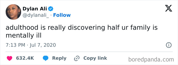 Tweet about being an adult, highlighting the realization of family mental health issues, by user Dylan Ali.