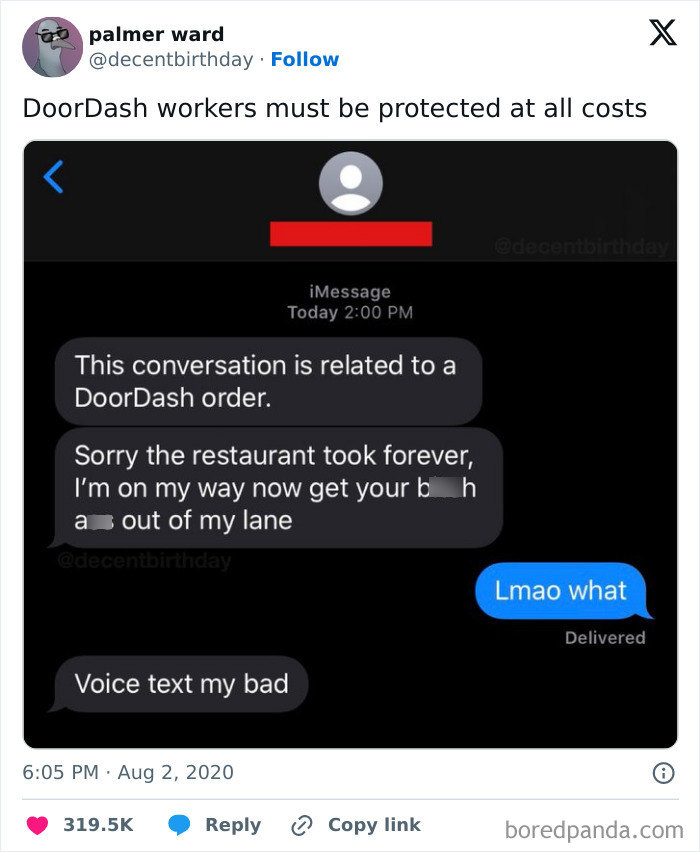 Text conversation about a DoorDash order with unexpected autocorrect error.