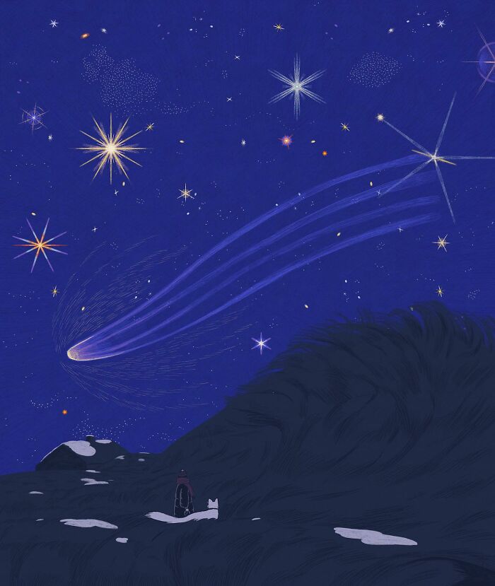 Whimsical illustration of a person with a cat under a starry night sky with a comet.