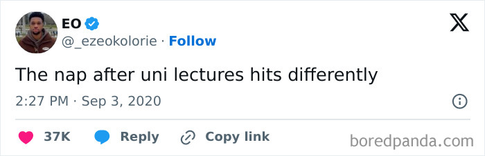 Tweet meme about university life humorously highlighting the joy of naps after lectures.