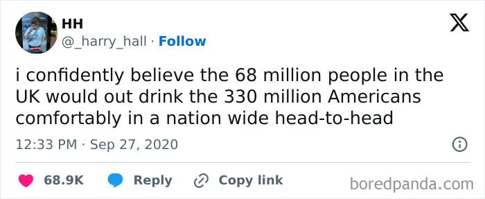 Tweet joking about UK vs USA drinking competition, showcasing British humor.