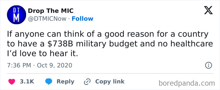 Tweet questioning a $738B military budget vs. the lack of healthcare, highlighting concerns of the lost generation.