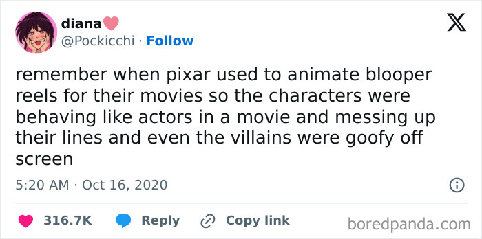 Tweet by @Pockicchi reminiscing about Pixar's animated blooper reels is a funny meme.