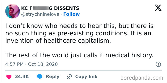 Tweet criticizing healthcare capitalism, highlighting issues faced by today's 'Lost Generation'.