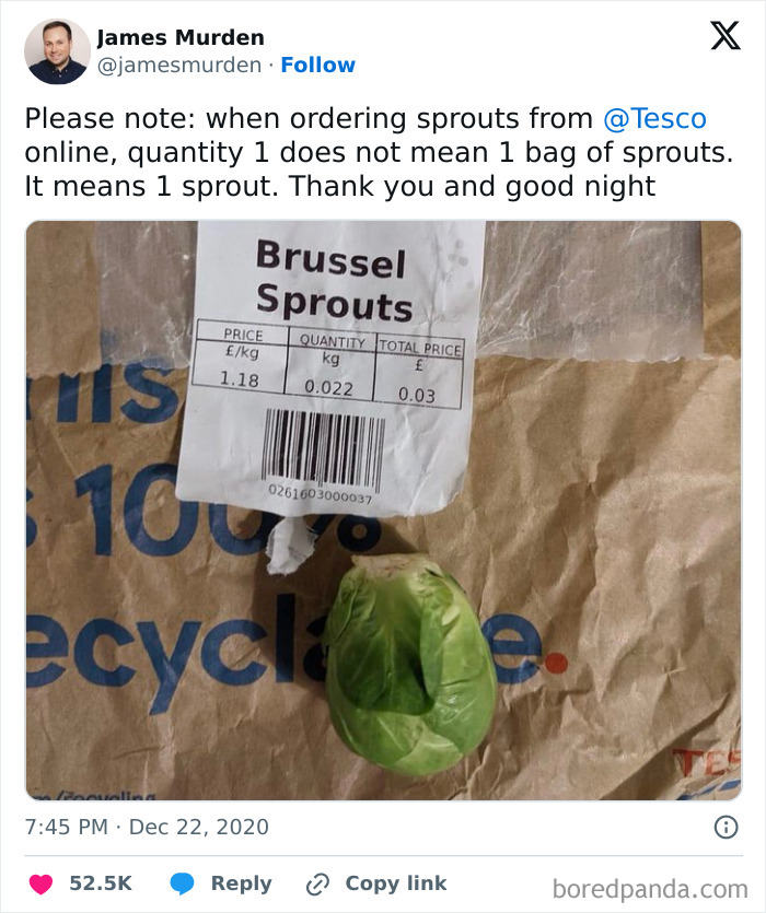 Tweet displaying British humor about ordering a single sprout online from Tesco, with a package containing one sprout.