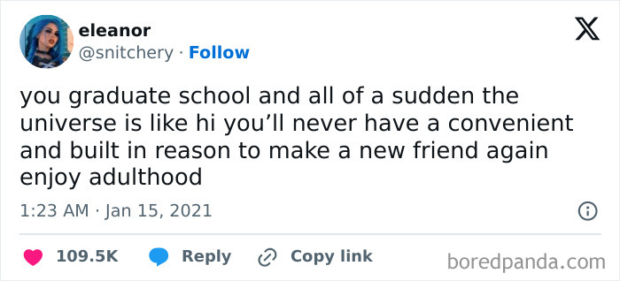 Screenshot of a tweet by Eleanor about the challenges of making new friends after school, tagged as Being-An-Adult-Tweets.