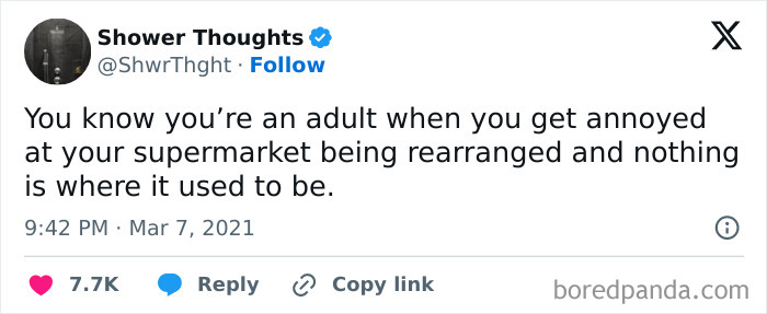 Tweet about being an adult, frustrated with a supermarket's reorganization.