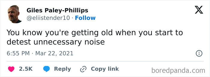 Tweet about adult life humor, mentioning getting old and disliking noise.