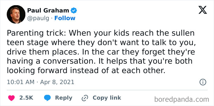 Tweet by Paul Graham sharing a parenting trick to communicate with teens by driving them places.