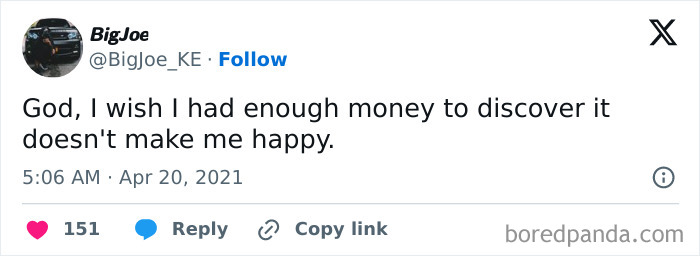 Facebook post meme with text joking about discovering money doesn't bring happiness.