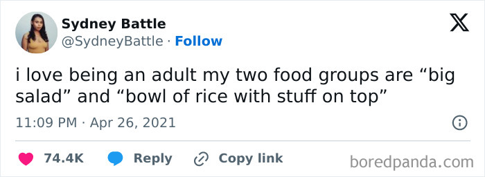 Tweet about being an adult with humorous take on food groups: "big salad" and "bowl of rice with stuff on top."