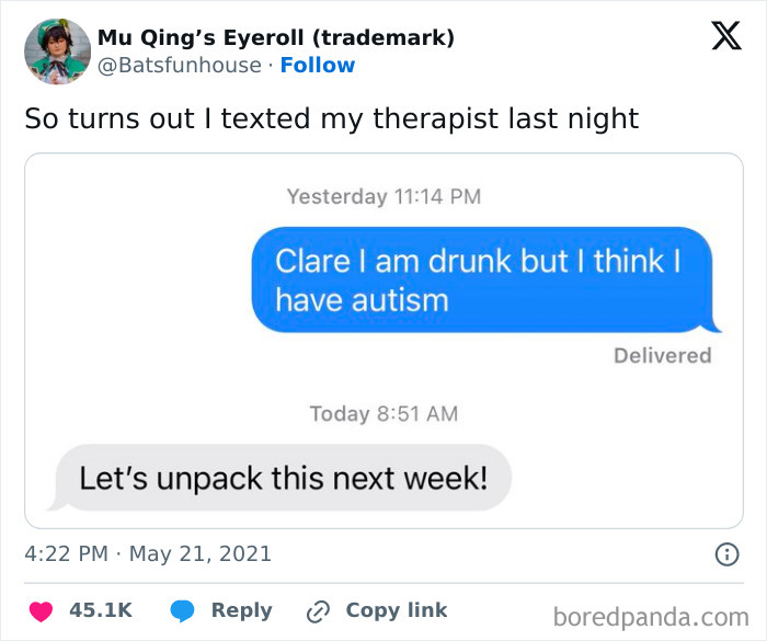 Text exchange about a surprising message to a therapist, capturing humorous real-life moments.