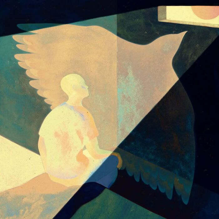 A figure with wings illuminated by light, capturing the blend of beauty and melancholy in Owen Gent's illustration.