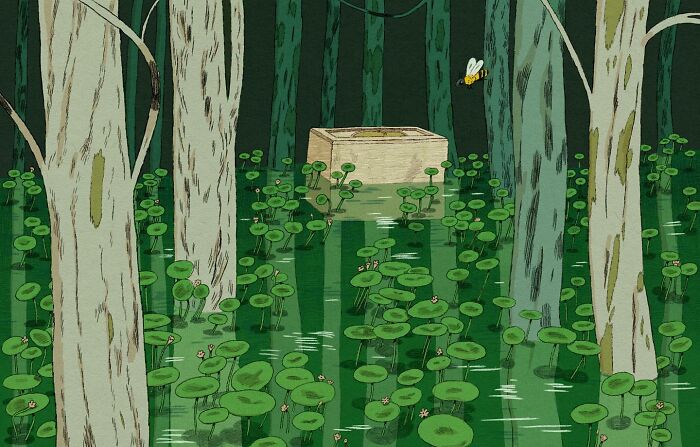 Whimsical surreal illustration of a bee flying above a mysterious box in a forest with lily pads.