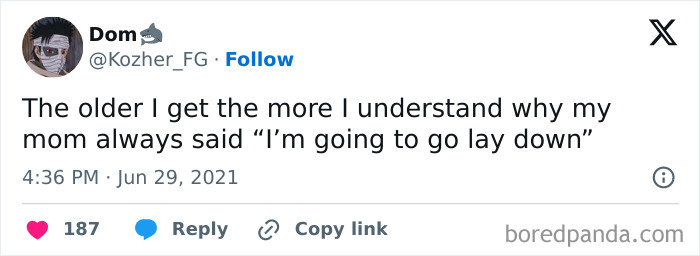 Tweet about understanding adult choices and resting, illustrating a relatable being-an-adult moment.