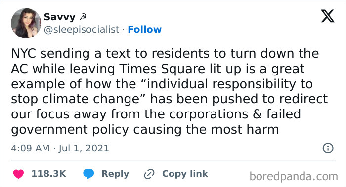 Tweet criticizing individual climate responsibility rhetoric, highlighting issues faced by today's 'Lost Generation'.