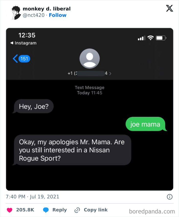 Text message exchange with "joe mama" joke included, showing humorous conversation.