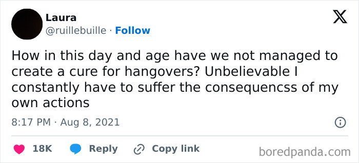 A humorous tweet about wishing for a hangover cure, highlighting British humor.