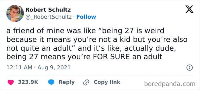 Tweet by Robert Schultz humorously discussing the weirdness of being an adult at 27.