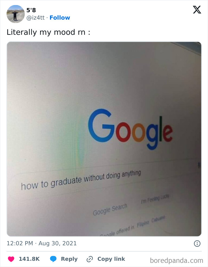 Google search meme about university life, querying "how to graduate without doing anything."