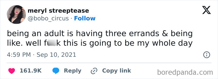 Tweet humorously describes the challenges of being an adult, highlighting how errands can consume the entire day.