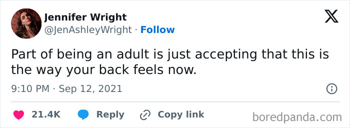 Tweet by Jennifer Wright about the realities of being an adult, highlighting back pain acceptance humorously.