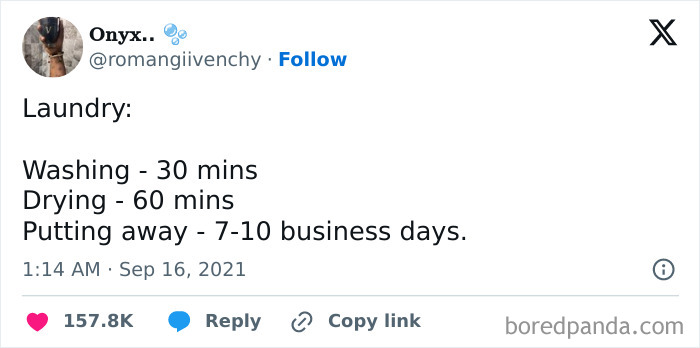 Tweet about adult life humor: "Laundry timing: washing 30 mins, drying 60 mins, putting away 7-10 business days."