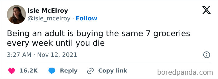 Tweet highlighting the routine of buying the same groceries weekly, humorously reflecting on being an adult.