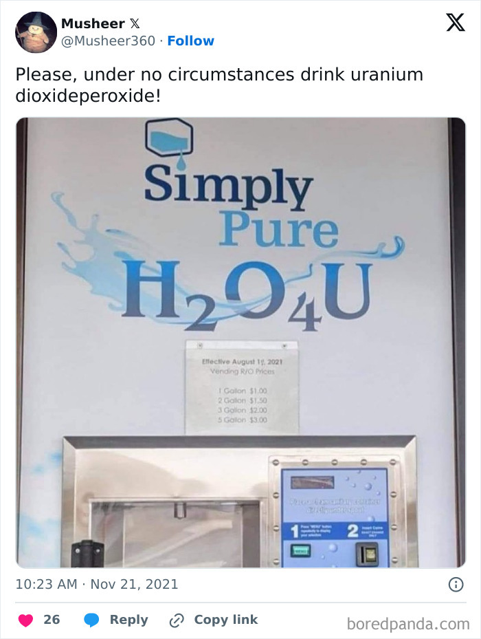 Water vending machine with humorous sign reading H2O4U, featured in science memes for a hilarious twist.