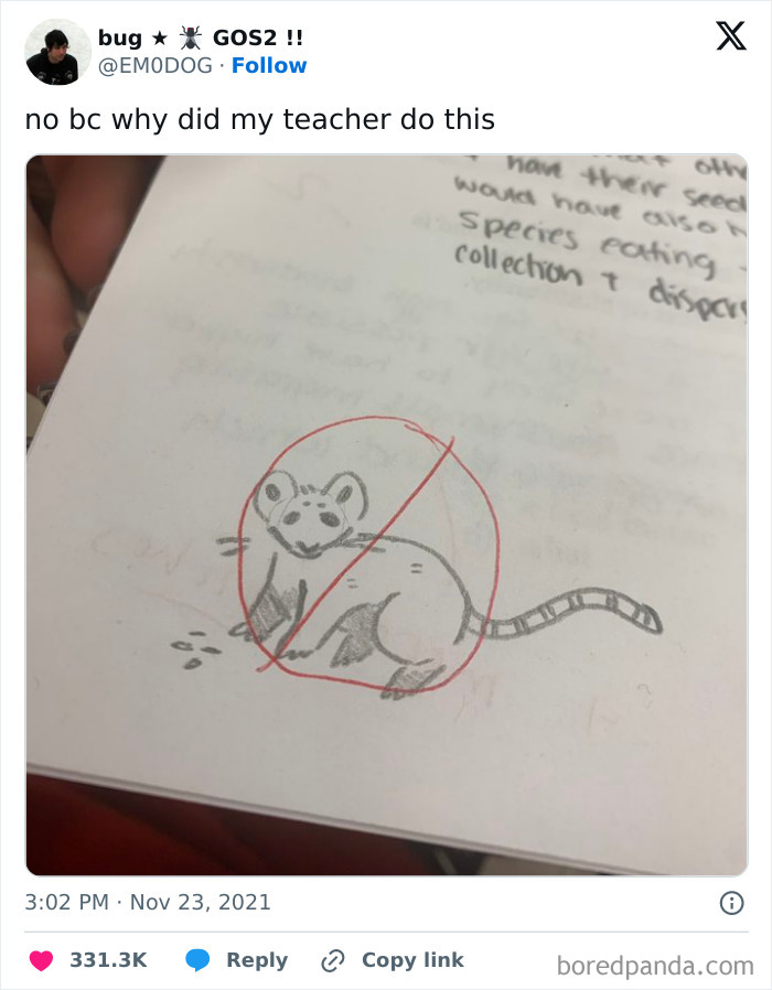 Funny and unhinged meme showing a doodle of a rat with a red prohibition sign drawn over it.