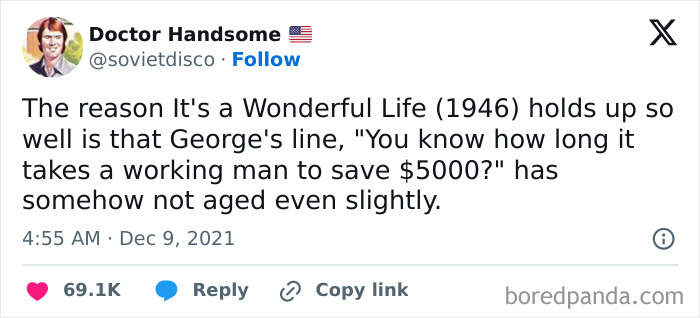 Tweet about how "It's a Wonderful Life" resonates with today's lost generation regarding financial struggles.