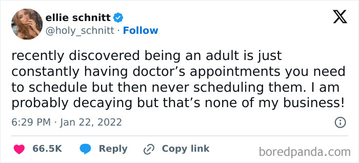 Tweet about being an adult is having unscheduled doctor’s appointments, with humorous tone.