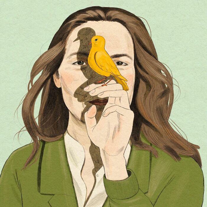 A woman in a green jacket holding a yellow bird, with a shadow creating a surrealist effect on her face.