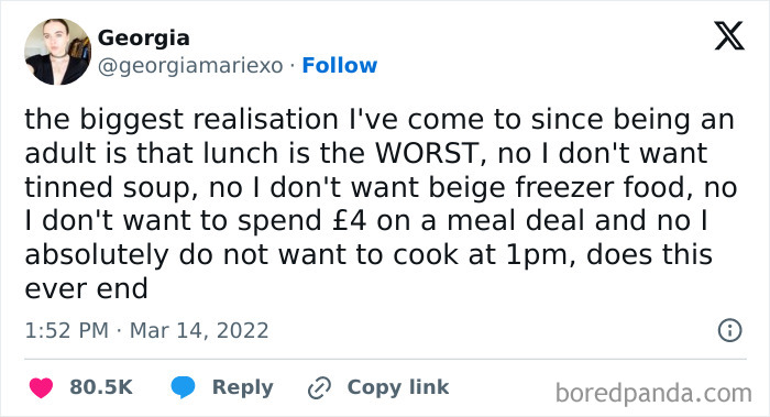 Tweet by Georgia about the struggles of being an adult, focusing on lunch frustrations and decisions.