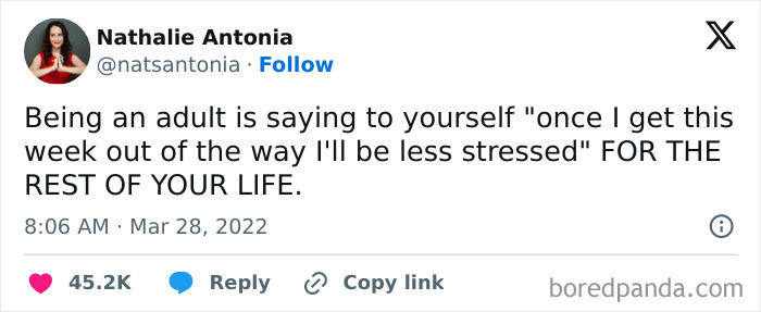 Tweet by Nathalie Antonia about adult life stress, highlighting perpetual self-reassurance for stress relief.