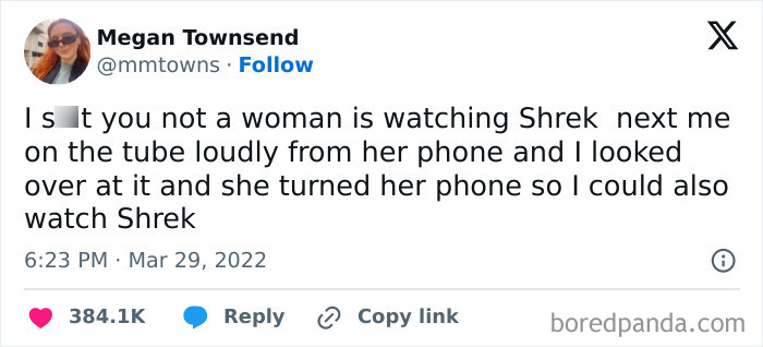 Tweet highlighting British humor about a woman sharing Shrek on a phone during a tube ride.