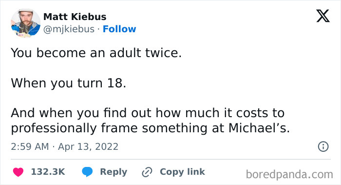 Tweet about being an adult, humorously comparing turning 18 and discovering framing costs at Michael's.