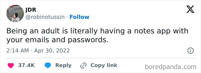 Tweet about Being an Adult: "Having a notes app with your emails and passwords," with likes and engagement stats visible.