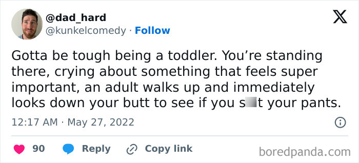 Parenting meme about toddlers crying, while adults check for a diaper change.