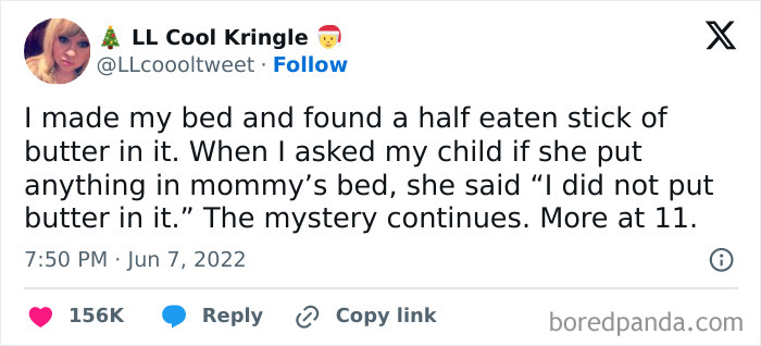 Tweet about chaotic parenting humor with a mystery involving a half-eaten stick of butter found in bed.