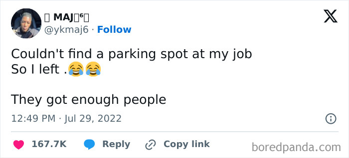 Funny meme text about leaving work due to no parking spot with laughing emojis.