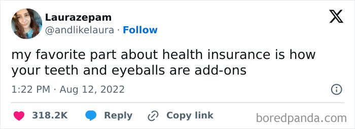 Tweet highlighting health insurance add-ons, humorous take on dental and vision coverage, reflecting the lost generation's struggles.