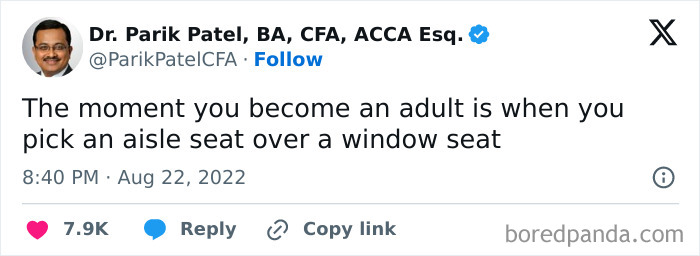 Tweet about adult preferences in airplane seating, emphasizing choosing aisle over window.